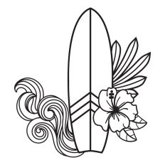 Surfboard with waves and hibiscus
