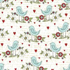 Blue Bird, retro flowers and red hearts printable pattern