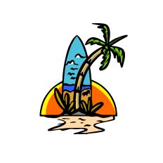 summer surfboard with a view of the beach and coconut trees