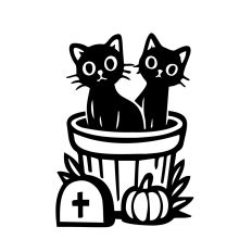 Black Cats in Cauldron with Tombstone