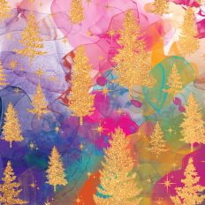 Rainbow Watercolor and Gold Glitter Christmas Trees Background