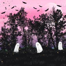 Pink Halloween Ghosts Forest Background Pattern