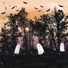 Orange Halloween Ghosts Forest Background Pattern