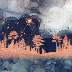 Blue Alcohol Ink Rose Gold Glitter Forest Background