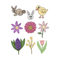 Watercolor Spring Easter Flowers, Bunnies, and Chick