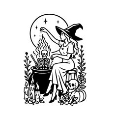 Witch and Skeleton in cauldron