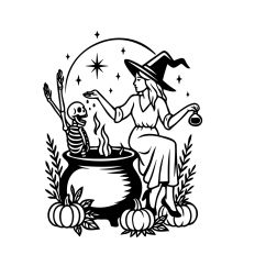 Witch and Skeleton in cauldron