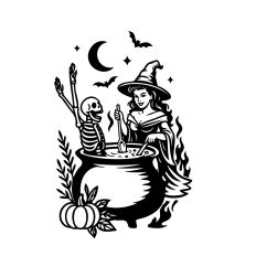 Witch and Skeleton in cauldron