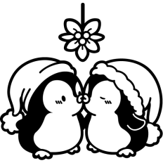 cute penguin couple kissing under the mistletoe lineart