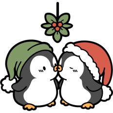 cute penguins couple kissing under the christmas mistletoe