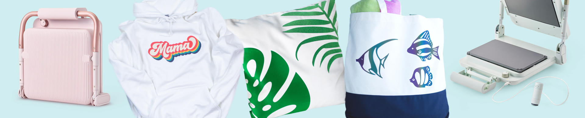 Silhouette Cloché heat press beside custom-designed hoodie, pillow, and tote bag showing vinyl applications on different materials