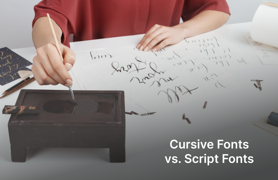 Side-by-side chart comparing script and cursive font characteristics